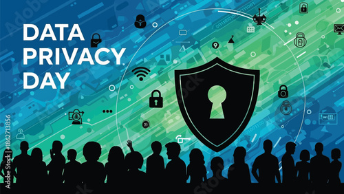 Celebrating data privacy day with a digital security theme featuring a prominent shield icon and silhouettes of people standing together below informational graphics