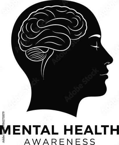 Silhouette profile of a human head with a visible brain illustration representing consciousness cognition and promoting essential mental health awareness campaigns and support initiatives globally