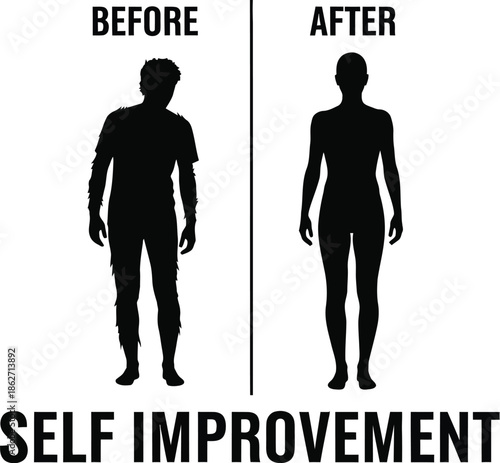 Humorous visual representation contrasting a hairy, disheveled male silhouette labeled before with a sleek, fit female silhouette labeled after beneath the clear phrase self improvement