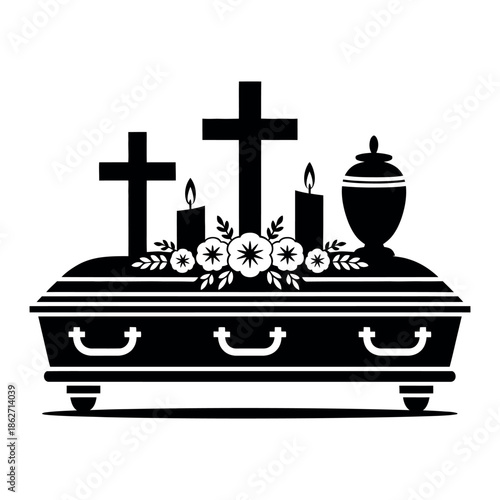 Casket displays Christian crosses, burning candles, and a funerary urn for.