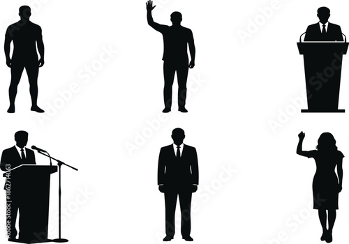 Professional silhouette, podium speaker, formal attire, oath gesture, public speaking pose, black figure, communication icon, isolated illustration, leadership stanceProfessional silhouette
