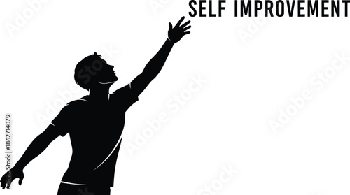 Silhouette of a determined young man reaching upward toward the aspirational goal of self improvement concept against a stark white background illustrating personal growth journey