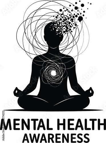 Silhouette of a person meditating in lotus position with swirling abstract lines emanating from the head and heart symbolizing mental health awareness and inner balance concepts