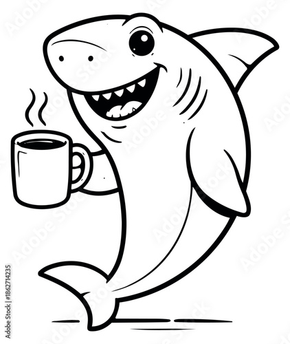 Hand drawn line art illustration of a cute shark depicting it holding a steaming coffee mug for a humorous morning theme