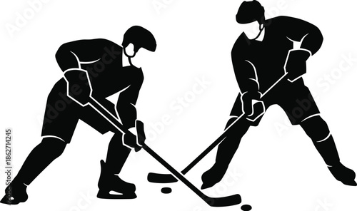 Ice hockey faceoff, player silhouette, puck battle, crouched posture, black figures, sports action, competitive moment, athletic stance, winter sport, dynamic motionIce hockey faceoff