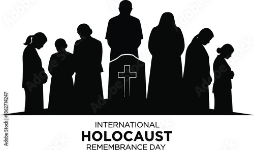 Silhouette of mourning figures gathered around a tombstone marked with a cross representing solemn commemoration for international holocaust remembrance day events