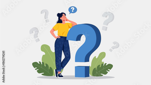 Pensive Woman Leaning on Giant Blue Question Mark Illustrating Doubt Confusion and Problem Solving Concepts