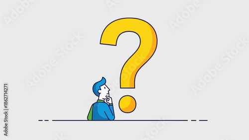 Confused Business Man Looking Up at Giant Yellow Question Mark Icon for Doubt and Decision Making Concept Illustration