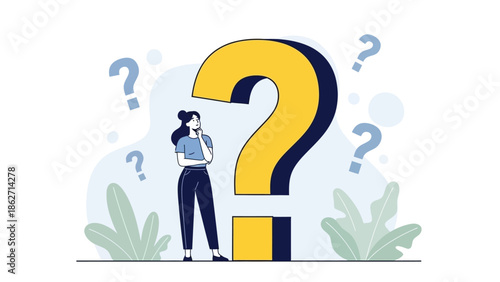 Confused Woman Standing by Giant Yellow Question Mark Illustrating Doubt Uncertainty and Seeking Answers
