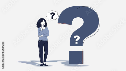 Confused Woman Pondering Big Question Mark Symbol Illustration for Uncertainty and Doubt