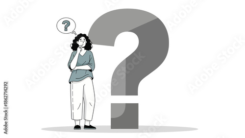 Confused Woman Standing Next to Giant Question Mark Symbol Thinking and Pondering