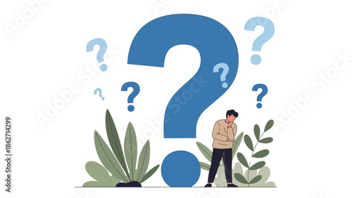 Confused Man Under Giant Blue Question Mark Symbolizing Doubt Uncertainty and Problem Solving