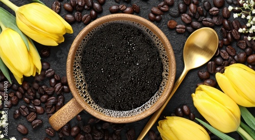 Fresh coffee in a cup with yellow tulips and roasted beans overhead view