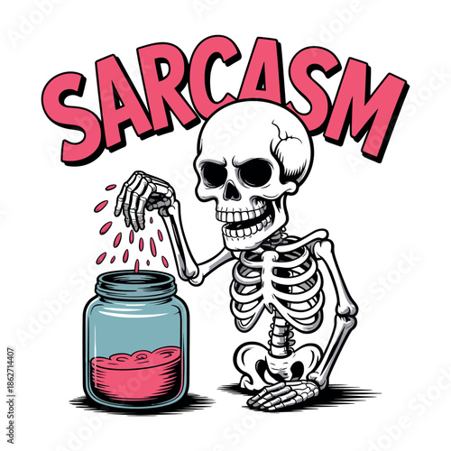 Skeleton figure adds pink sarcasm seasoning into a glass jar illustration.
