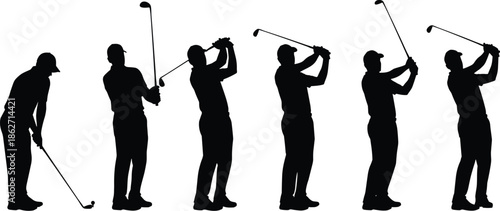 Golf swing silhouette, black figure, sports motion, swing sequence, athletic posture, instructional form, dynamic movement, training visual, golf technique, performance stagesGolf swing silhouette