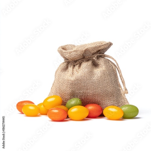 Fresh colorful tomatoes spilling from rustic burlap bag against white backdrop