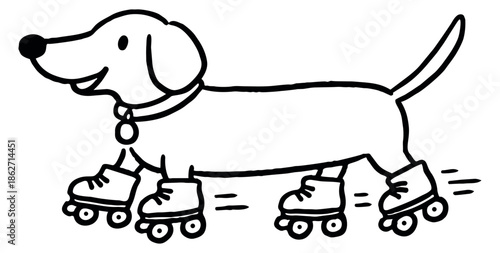 Hand drawn line art illustration of a happy dog depicting roller skating for fun pet activities