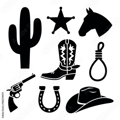 Collection of black silhouette icons related to the American wild west.