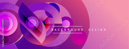 Abstract purple design features overlapping circles, gradients. Modern aesthetic suitable for backgrounds, presentations. Vibrant colors create dynamic visual impact.