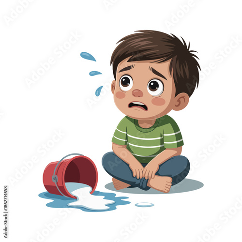 Sad little boy looks upward near an overturned bucket spilling white.