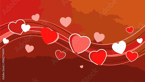 Valentine's Day celebration background with red, pink, and white hearts on wavy lines in a gradient of warm colors.