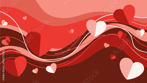 Valentine's Day themed abstract background with wavy lines and colorful hearts in shades of red, pink, and white, creating a festive and romantic atmosphere.