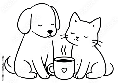 Cute hand drawn line art illustration of a dog and a cat depicting a cozy moment with a hot beverage for pet companionship and friendship