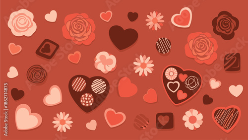Valentine's Day-themed flat lay composition of various hearts, flowers, and chocolates on a red background with a mix of light and dark shades, conveying a festive and romantic mood.