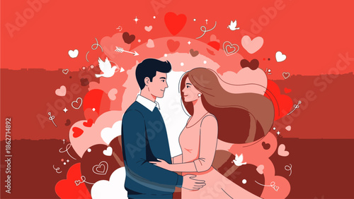 Illustration of a romantic couple embracing surrounded by hearts and flowers on Valentine's Day with a vibrant red background.