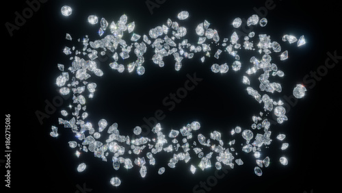 Luxury scattered diamonds background: High density brilliant cut gemstones with vivid prismatic dispersion - ACES 2.0 3D render on black background.