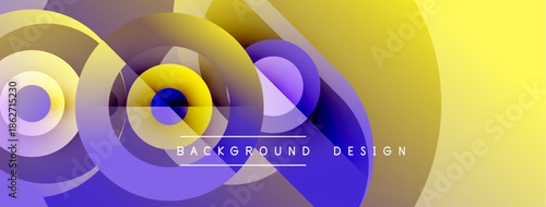 Abstract circles overlap, creating vibrant yellow, purple gradients. Modern design element for backgrounds, presentations. Clean, simple aesthetic.