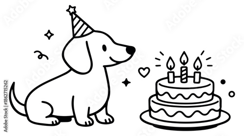 Line art illustration of a cute dachshund depicting a birthday celebration for a pet party