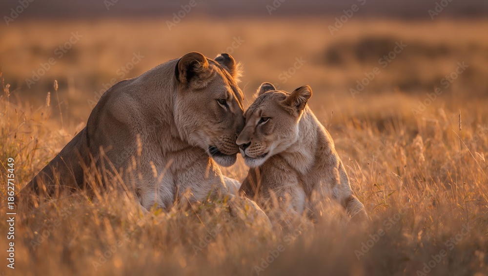 Fototapeta premium Lions lying in savannah grass showing companionship protection and natural wildlife behavior in open landscape