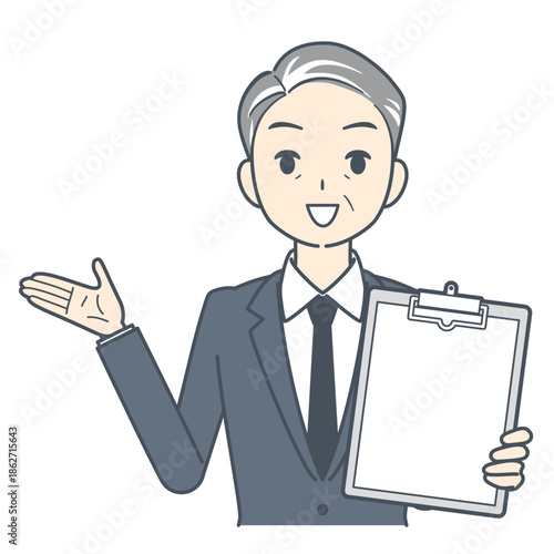 クリップボードを見せて話す中年のビジネスマンのイラスト　上半身