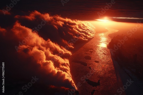 Spectacular sunset view over an icy landscape, illuminated by warm orange and red hues. The clouds add texture to the sky.