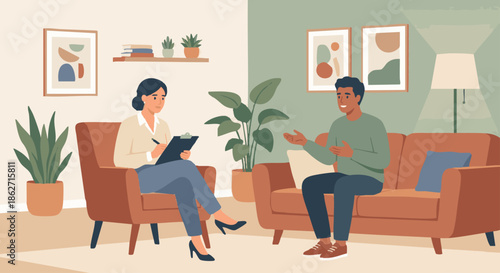One-on-One Counselling Session
A flat vector illustration of a professional counsellor sitting on a comfortable chair facing a client on a sofa, engaged in a calm conversation. 