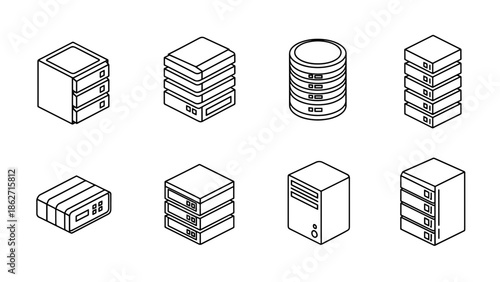 Isometric line art image showcasing various depictions of data server units. Different types and configurations are illustrated in a simple, minimalist style
