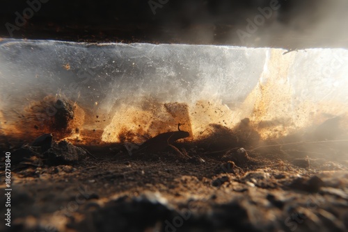 A captivating shot from a low angle, showcasing a landscape of earth, light, and shadow in a frame-within-a-frame composition.