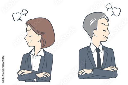 腕を組んでそっぽを向く中年のビジネスマンとビジネスウーマンのイラスト