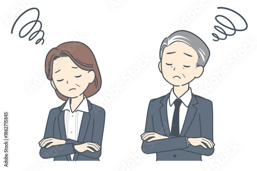 腕を組んで考え込む中年のビジネスマンとビジネスウーマンのイラスト