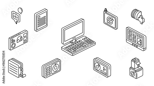 Isometric line drawing of various electronic devices. A computer, camera, display, and other tech items are arranged