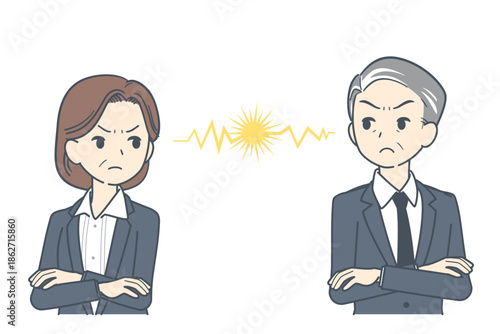 睨み合う中年のビジネスマンとビジネスウーマンのイラスト