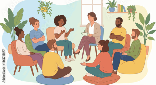 A flat vector illustration of a group therapy setting with several people sitting in a circle, sharing emotions. The counsellor leads the session from within the circle. 