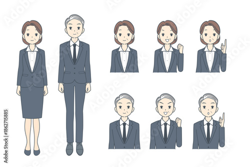 中年のビジネスパーソンのイラスト　セット　全身　上半身