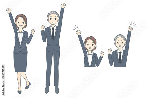 拳を突き上げる中年のビジネスパーソンのイラスト　セット　全身　上半身