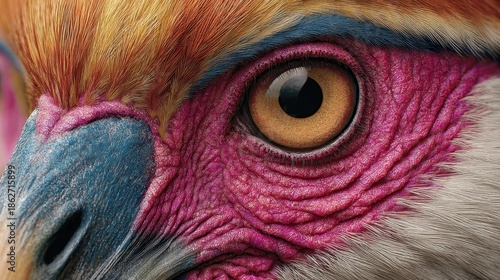 An extreme closeup showcases the intricate details of a vibrant bird, with its eye and surrounding plumage captured in stunning detail.