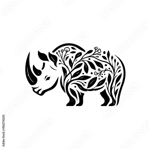 The Floral Rhino, Botanical Floral Rhino, Black and White Folinate Rhino, Ornate Rhino Illustration