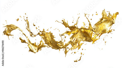 Dynamic gold paint splash, metallic fluid flying mid-air, white background