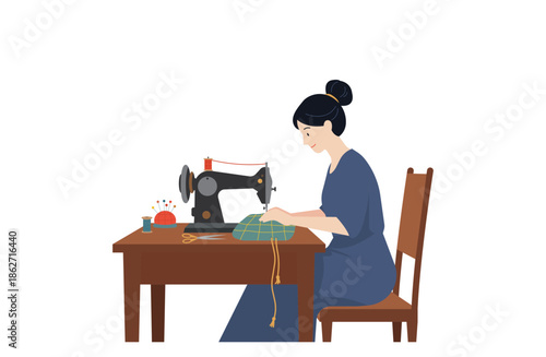 ミシンで入園・入学グッズを作る女性のイラスト_表情有り