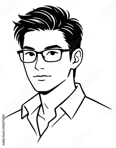 Line art illustration of a young man with glasses depicting a bust portrait for professional and casual use